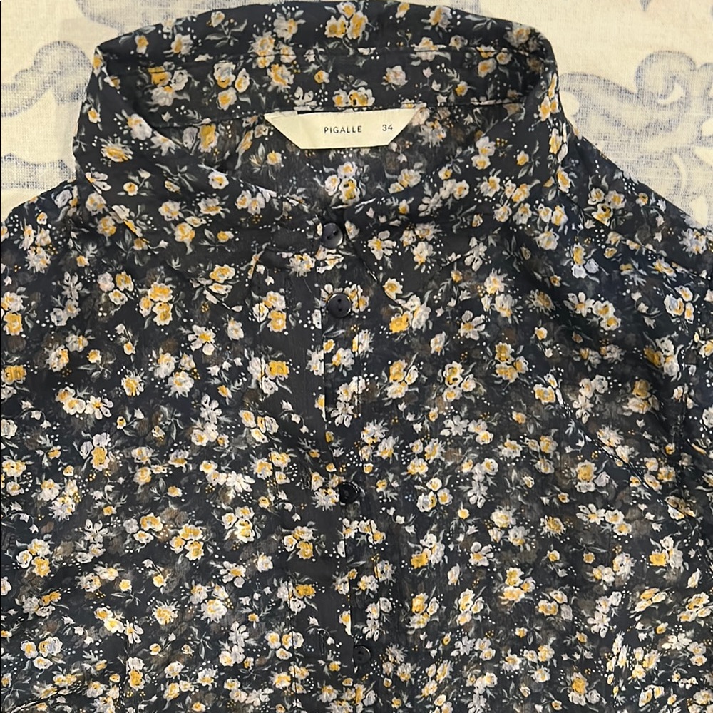 PIGALLE Black Floral Button-Up Blouse with Yellow Accents